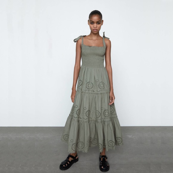 Zara Dresses & Skirts - ZARA Tiered Cutout Maxi Sheath Dress XS Gray Self-Tie Strap Smocked #6878
